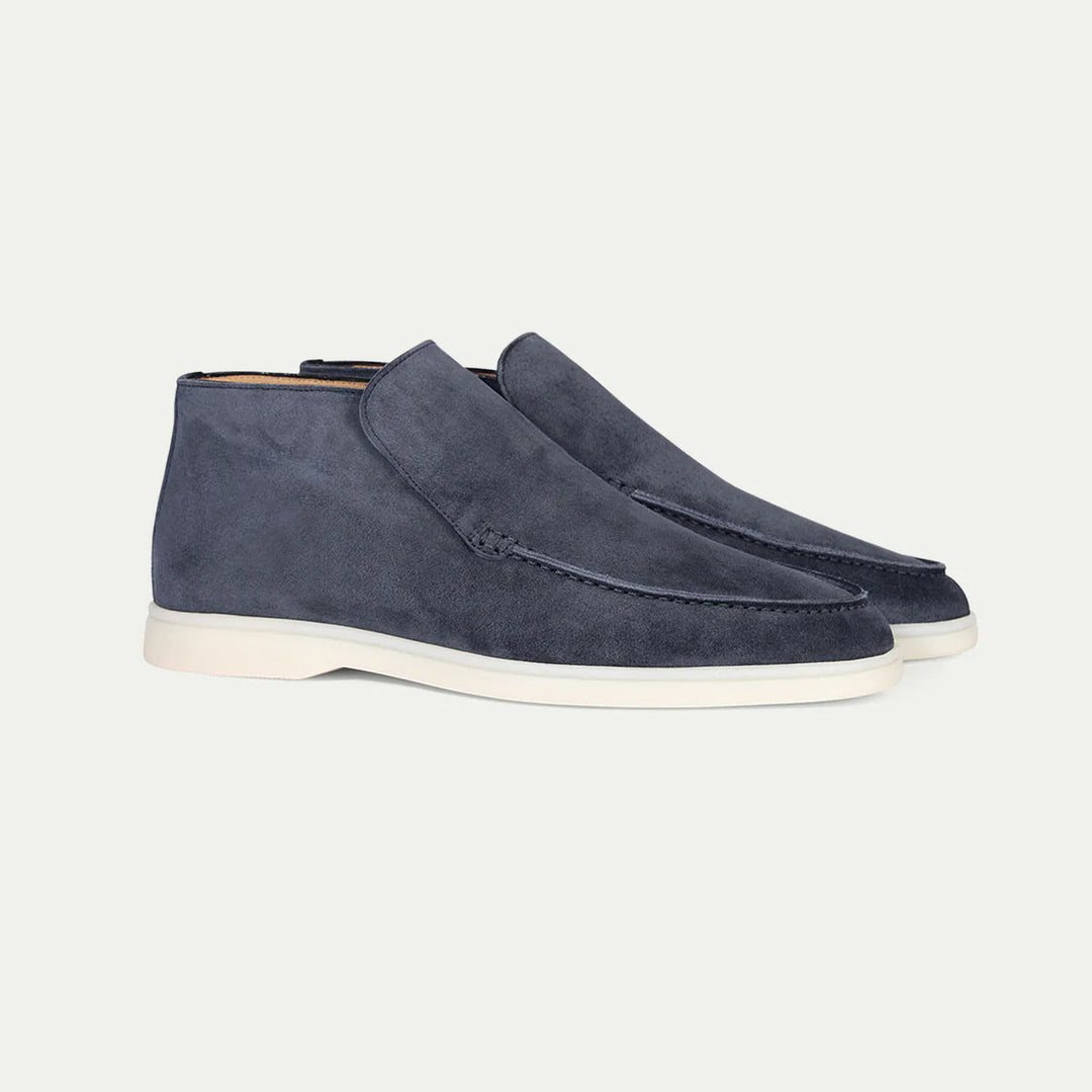 Taupe suede loafer boot with cream rubber sole, slip-on design