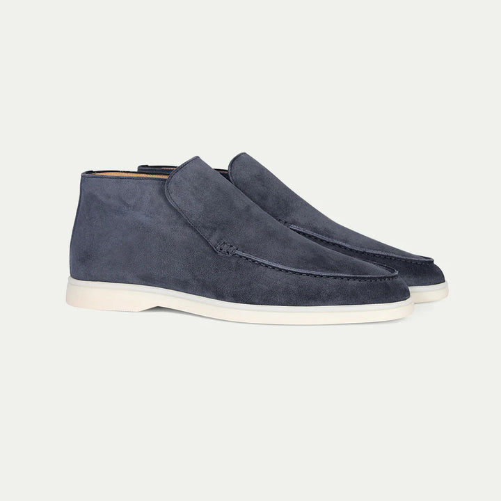 Taupe suede loafer boot with cream rubber sole, slip-on design