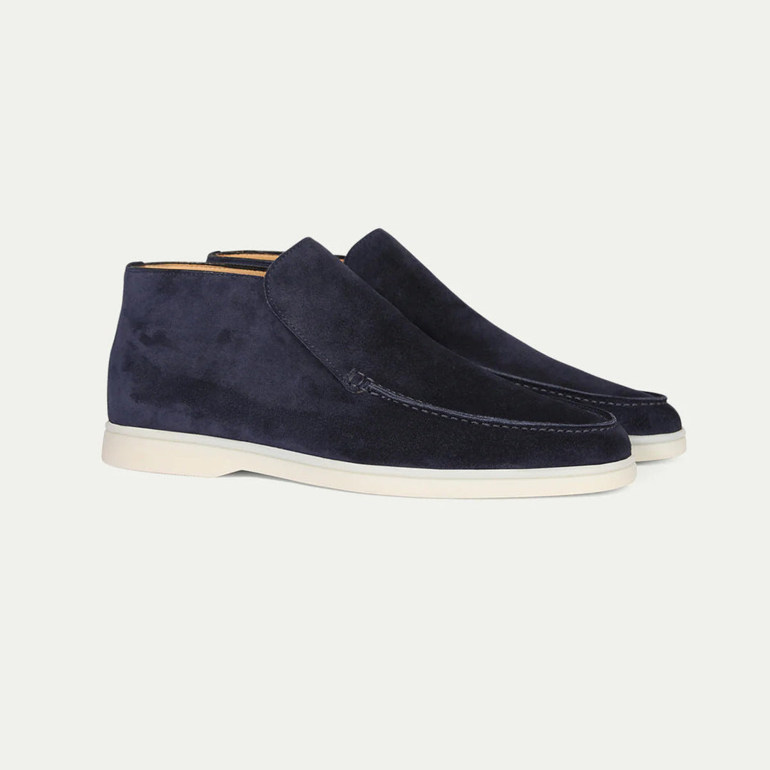 Taupe suede loafer boot with cream rubber sole, slip-on design