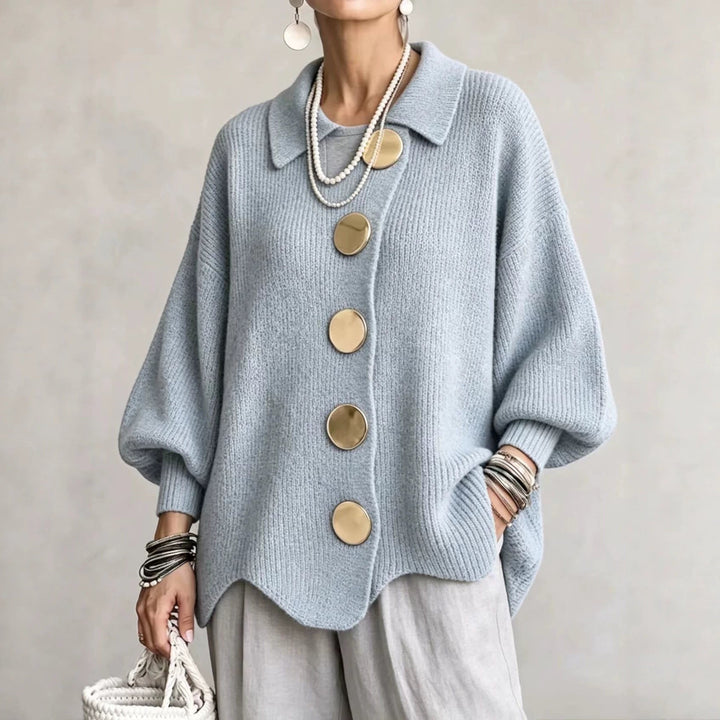 Women's oversized ribbed knit cardigan with collar, large buttons and long sleeves