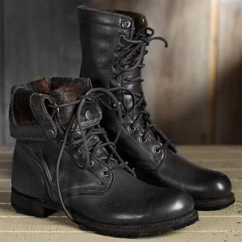Women's lace-up combat boots with round toes and low heels