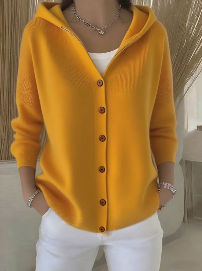 Women's hooded button cardigan with long sleeves and contrast buttons