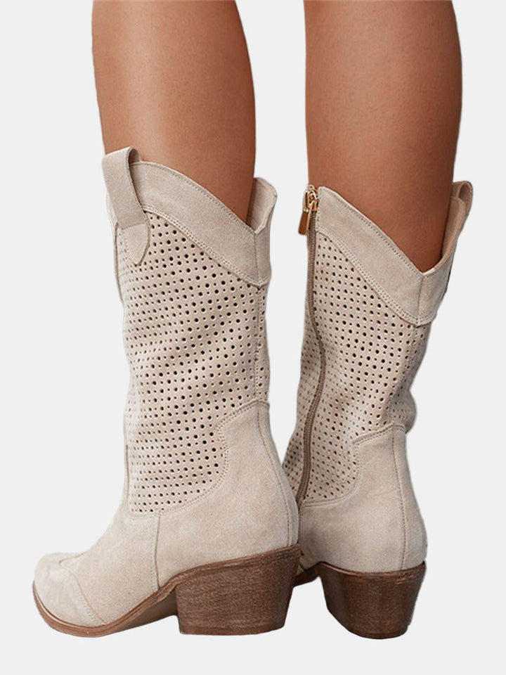 Perforated women's ankle boots with pointed toes and block heels