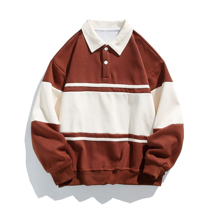 Men's long-sleeve colour-block polo sweatshirt with contrast collar and ribbed trims