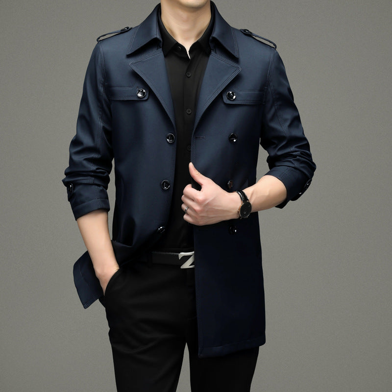 Men's double-breasted trench coat with notched collar, shoulder tabs and flap pockets