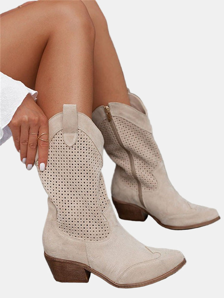 Perforated women's ankle boots with pointed toes and block heels