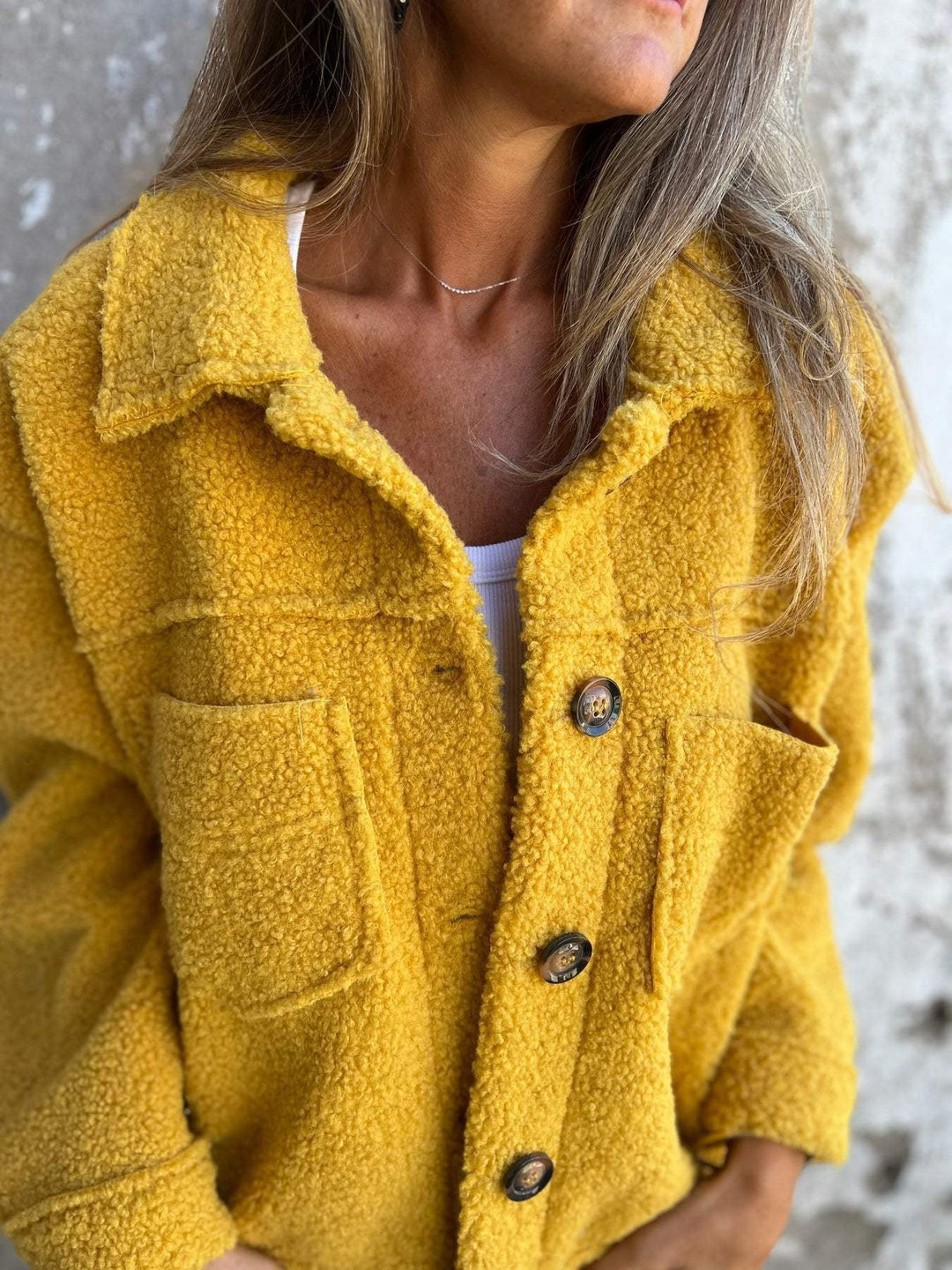 Women's textured fleece shacket with collar and button front