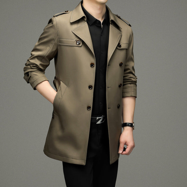 Men's double-breasted trench coat with notched collar, shoulder tabs and flap pockets
