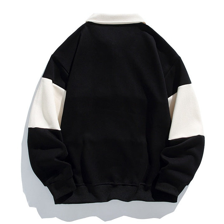 Men's long-sleeve colour-block polo sweatshirt with contrast collar and ribbed trims