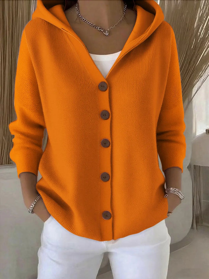Women's hooded button cardigan with long sleeves and contrast buttons