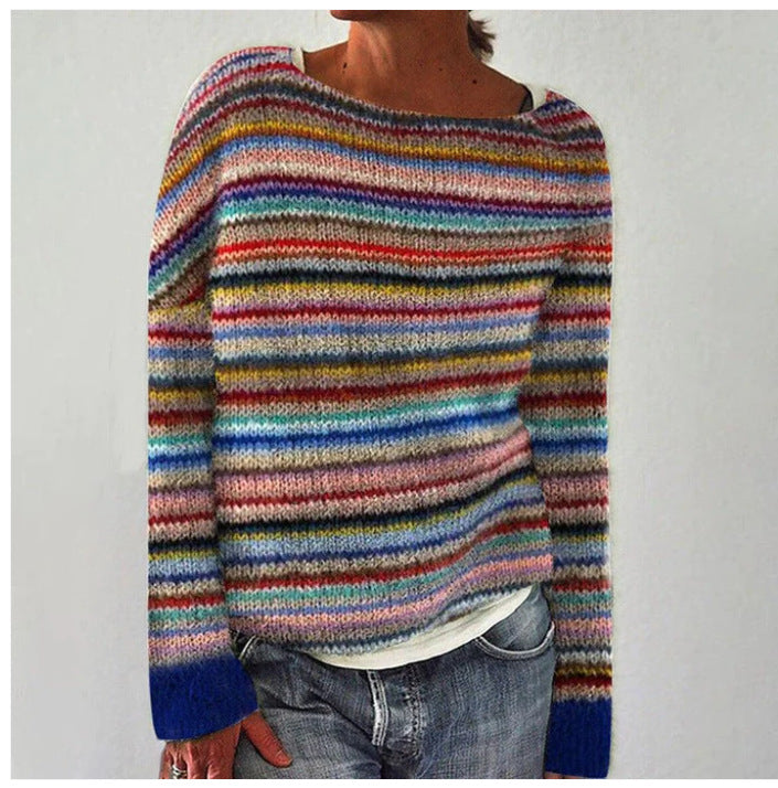 Women's multicoloured striped crew neck jumper with long sleeves and ribbed trims