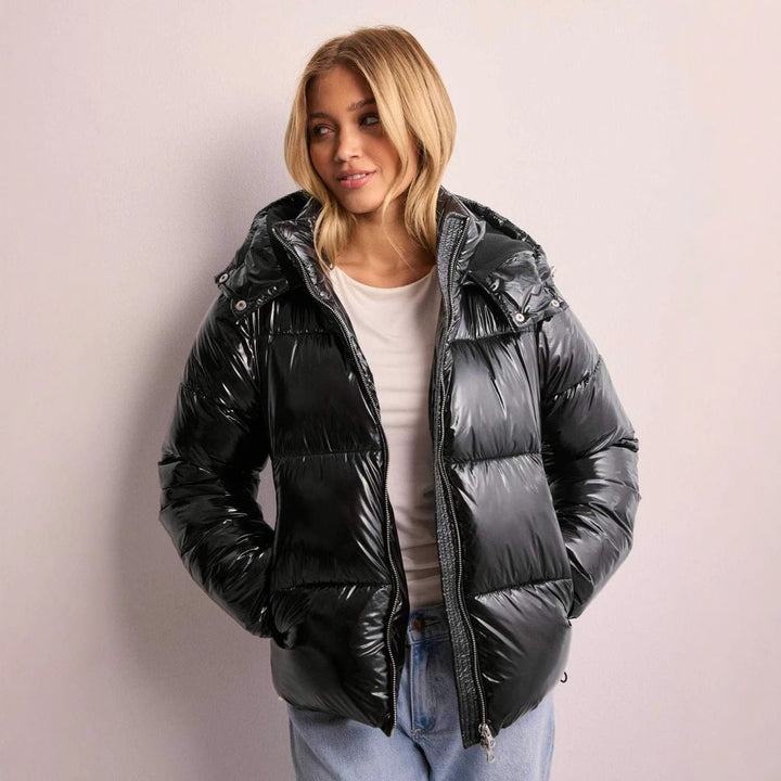 Women's glossy quilted puffer jacket with removable hood
