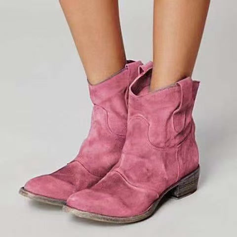 Women's suede western ankle boots with pull-on tabs and low heels