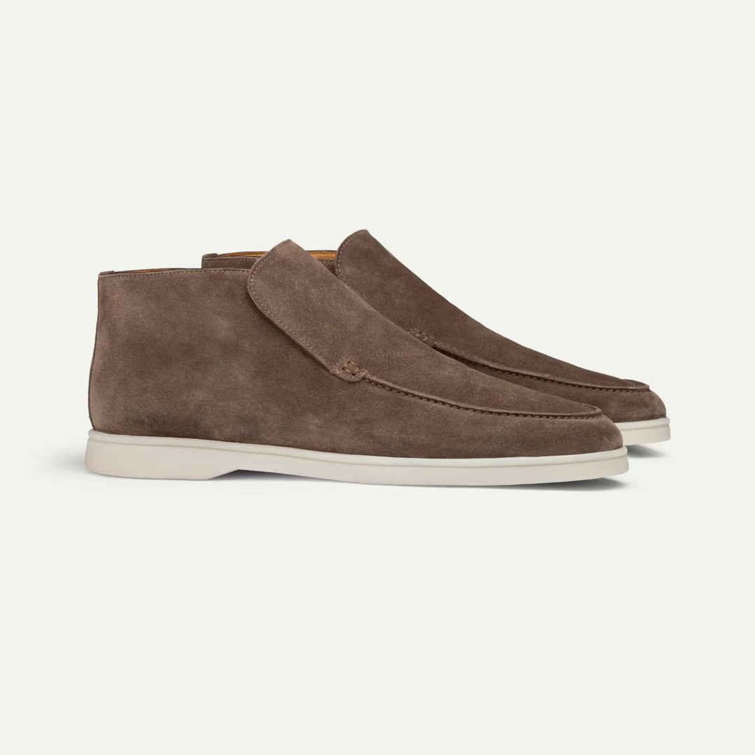 Taupe suede loafer boot with cream rubber sole, slip-on design