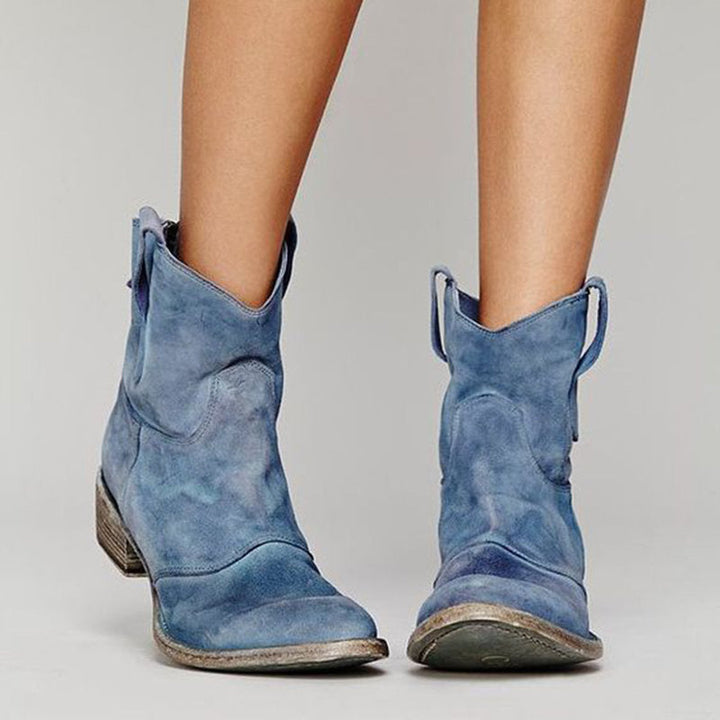 Women's suede western ankle boots with pull-on tabs and low heels