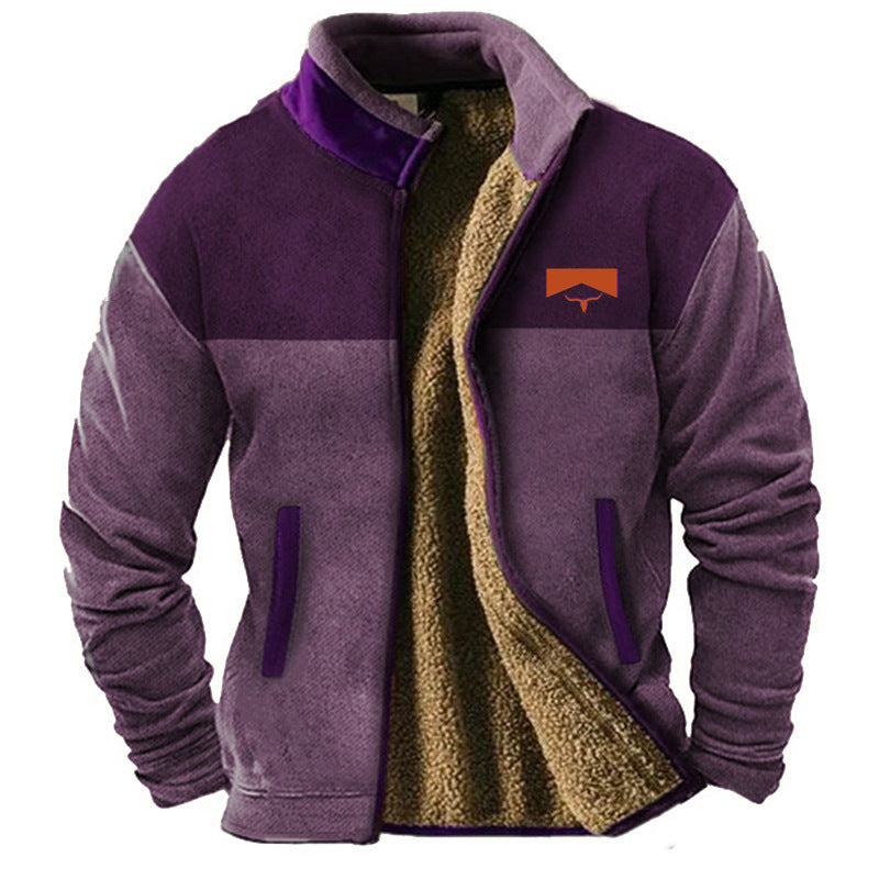 Men's fleece jacket with geometric patterned sleeves, stand collar and zip front