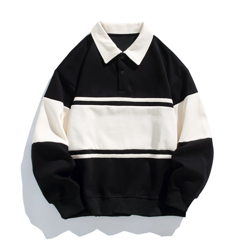 Men's long-sleeve colour-block polo sweatshirt with contrast collar and ribbed trims