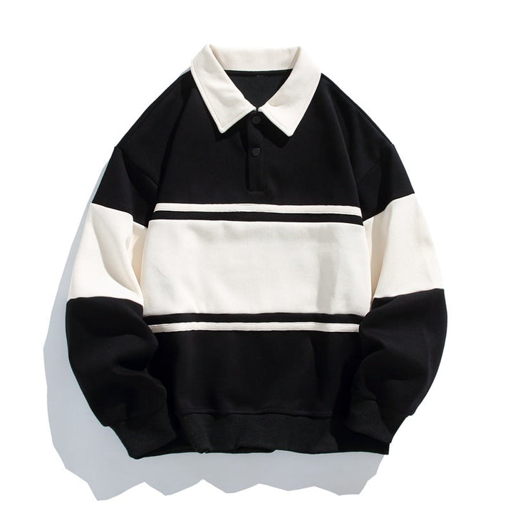 Men's long-sleeve colour-block polo sweatshirt with contrast collar and ribbed trims