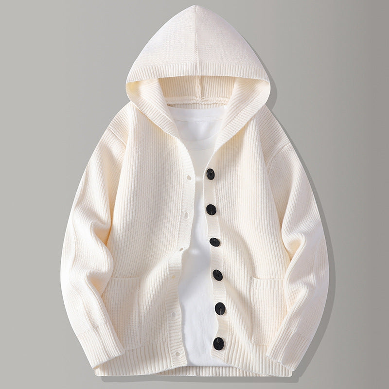 Hooded knit cardigan with button front and patch pockets