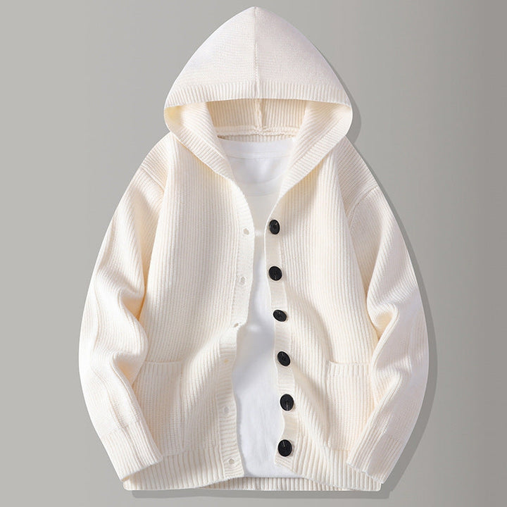 Hooded knit cardigan with button front and patch pockets