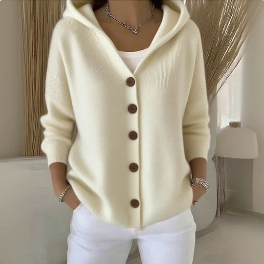 Women's hooded button cardigan with long sleeves and contrast buttons