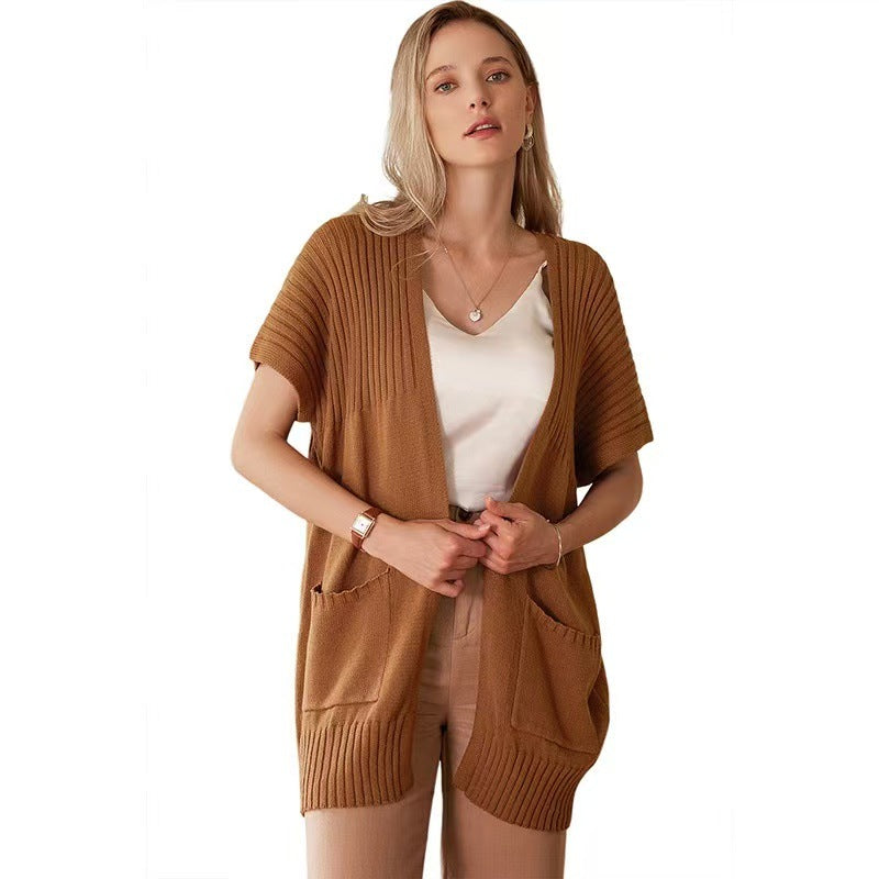 Women's open-front knit cardigan with short sleeves and pockets