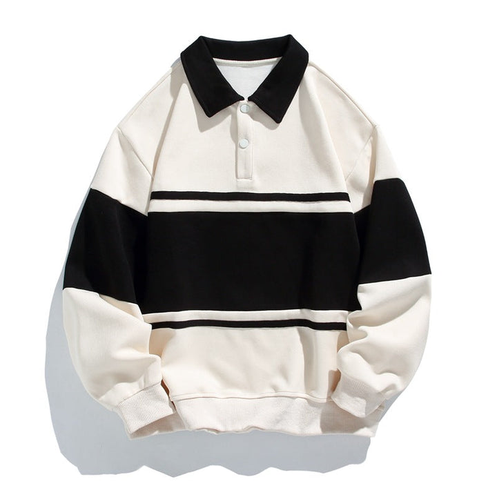 Men's long-sleeve colour-block polo sweatshirt with contrast collar and ribbed trims