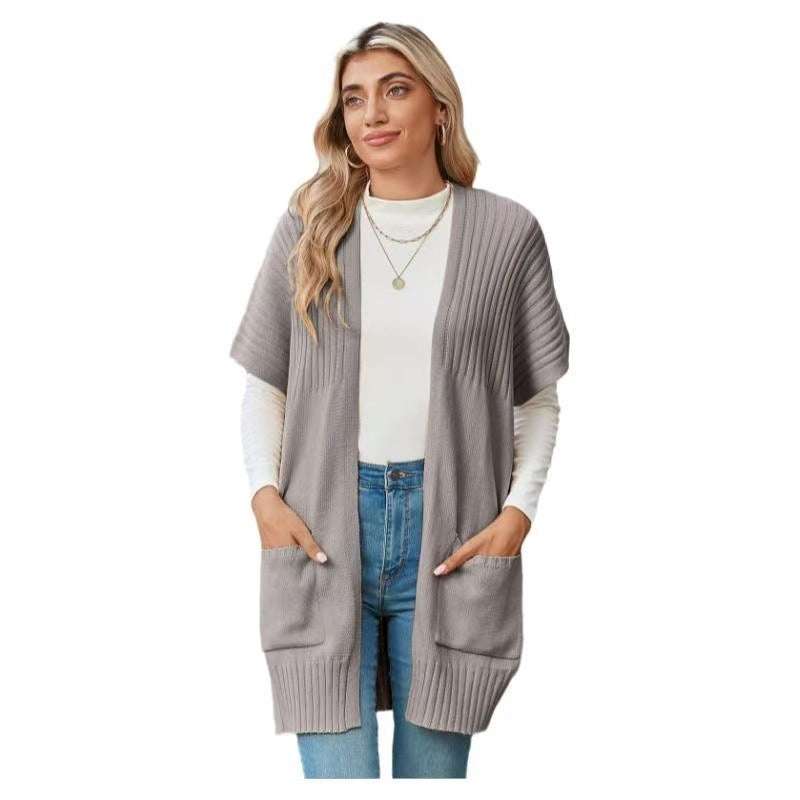 Women's open-front knit cardigan with short sleeves and pockets