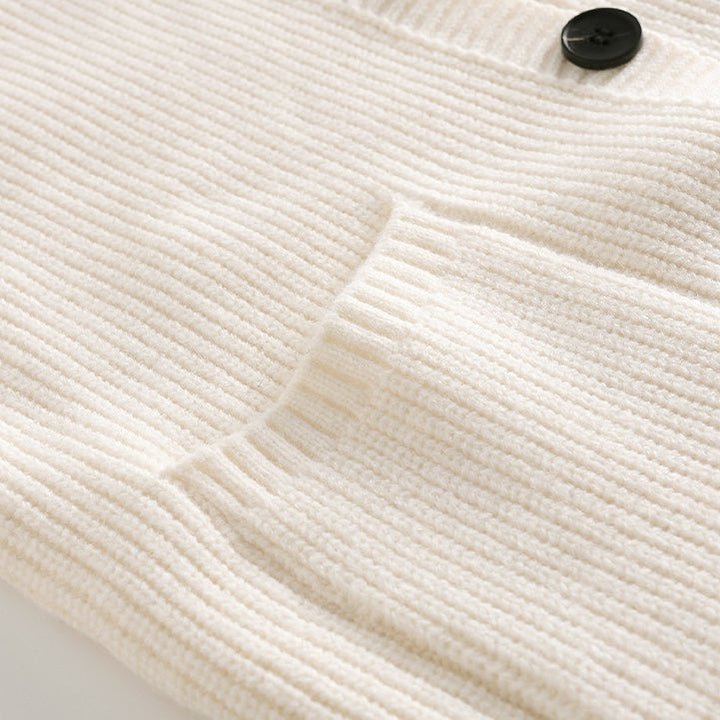 Hooded knit cardigan with button front and patch pockets