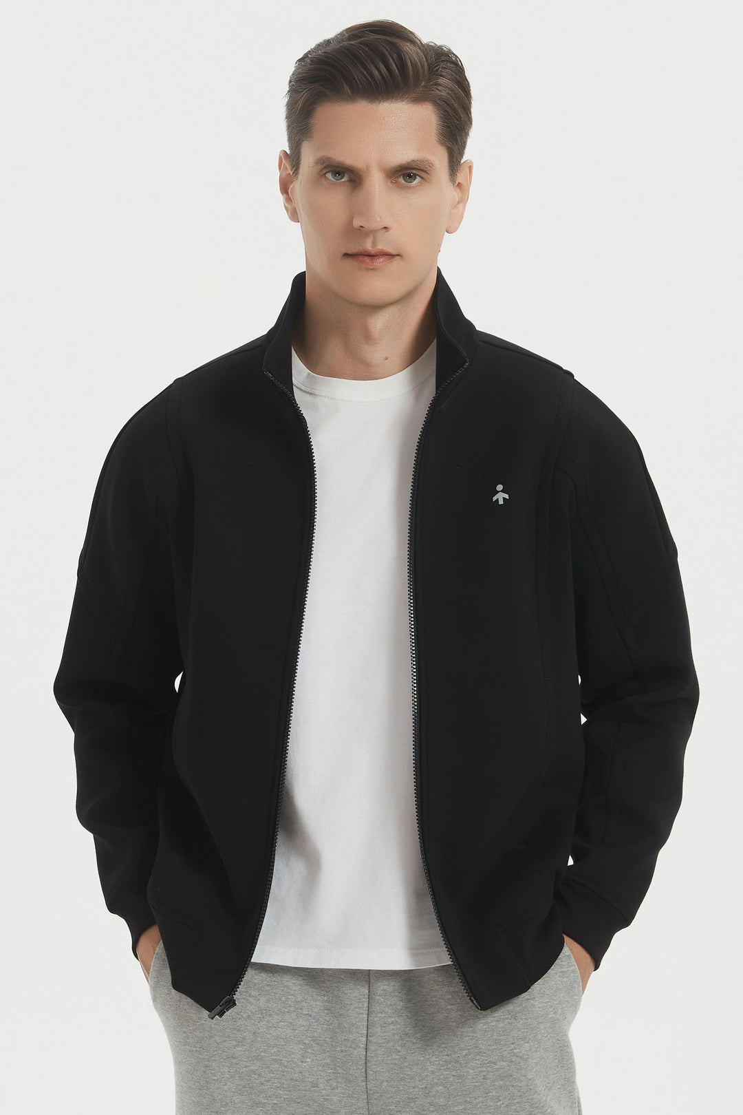 Men's full-zip sweatshirt jacket with stand collar and ribbed cuffs