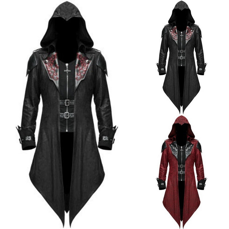 Men's hooded gothic coat with buckle fastenings and pointed tails