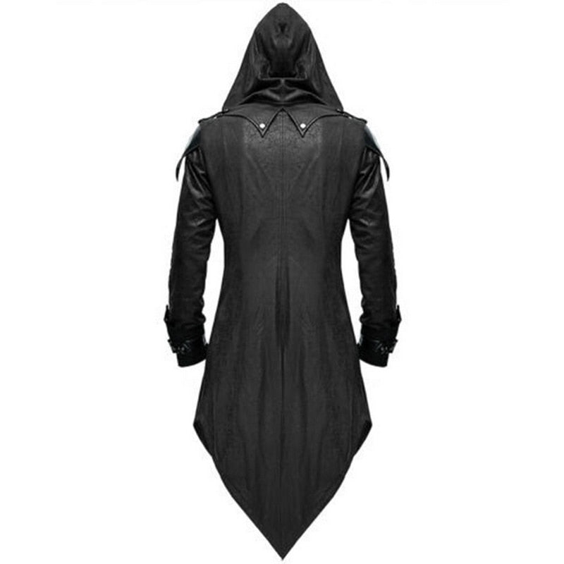 Men's hooded gothic coat with buckle fastenings and pointed tails