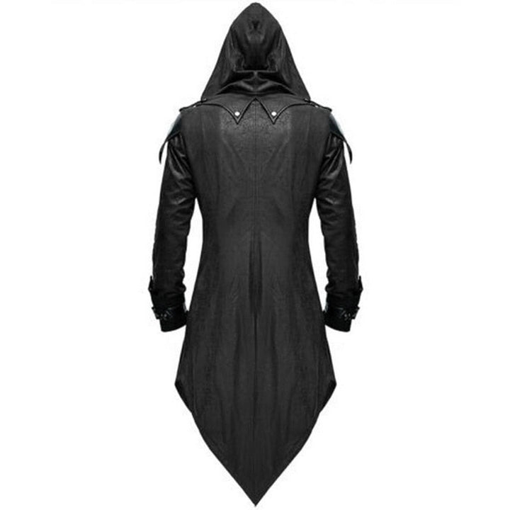 Men's hooded gothic coat with buckle fastenings and pointed tails