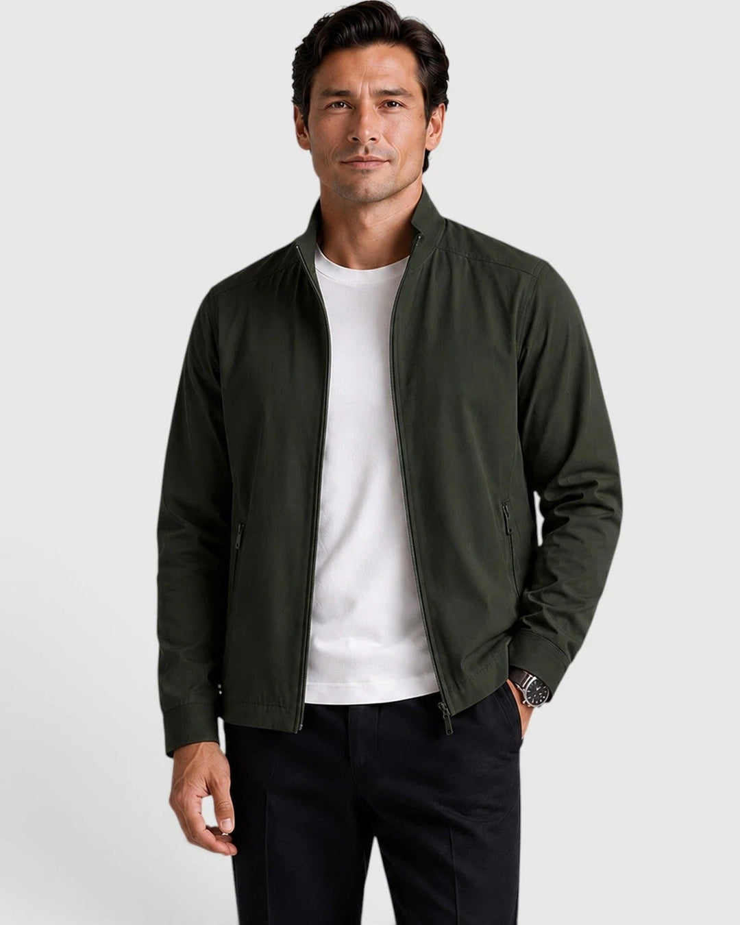 Men's stand collar zip jacket with long sleeves and zipped pockets