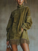 Women's long-sleeve turtleneck mini dress with fringe hem