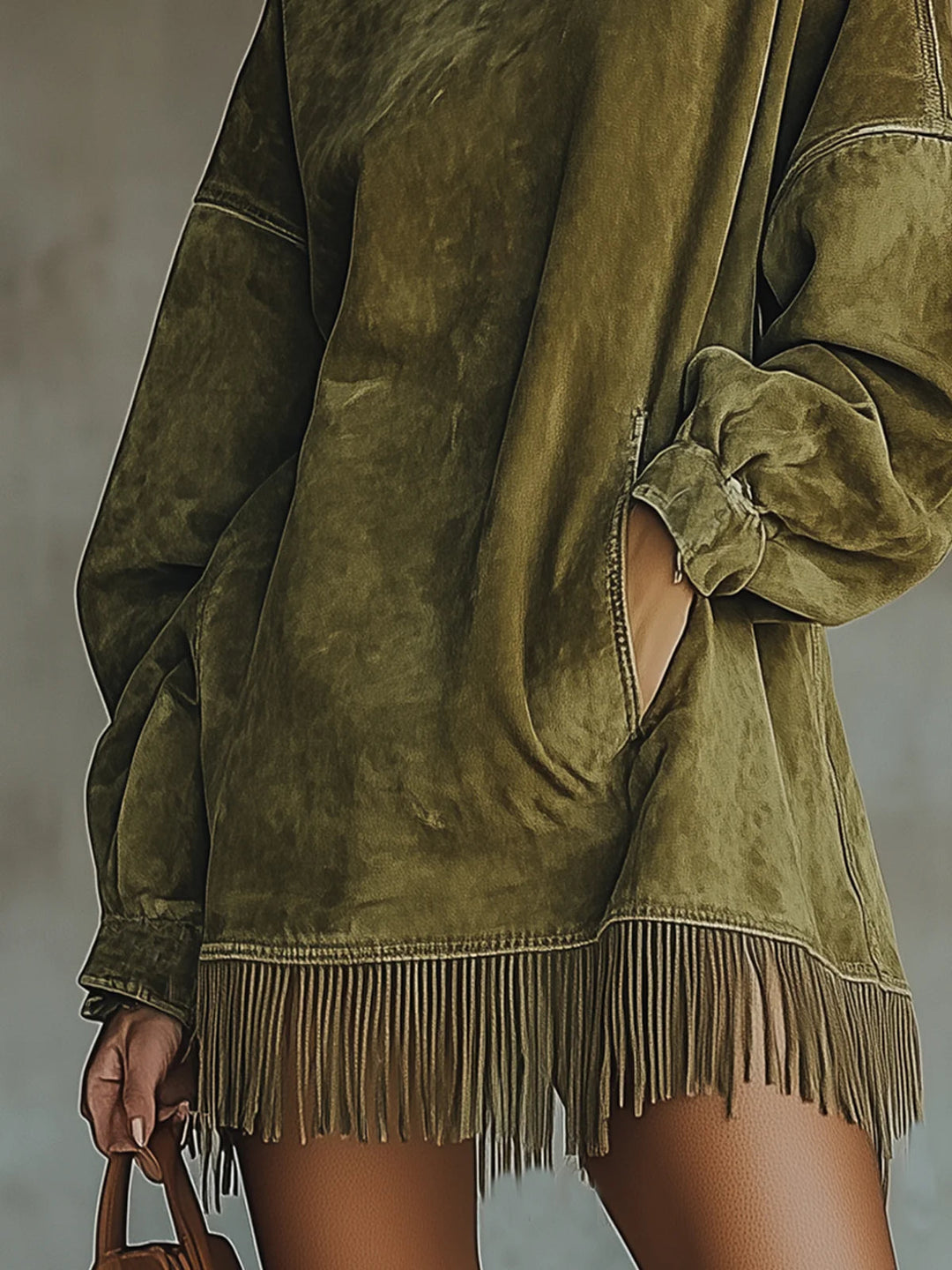 Women's long-sleeve turtleneck mini dress with fringe hem