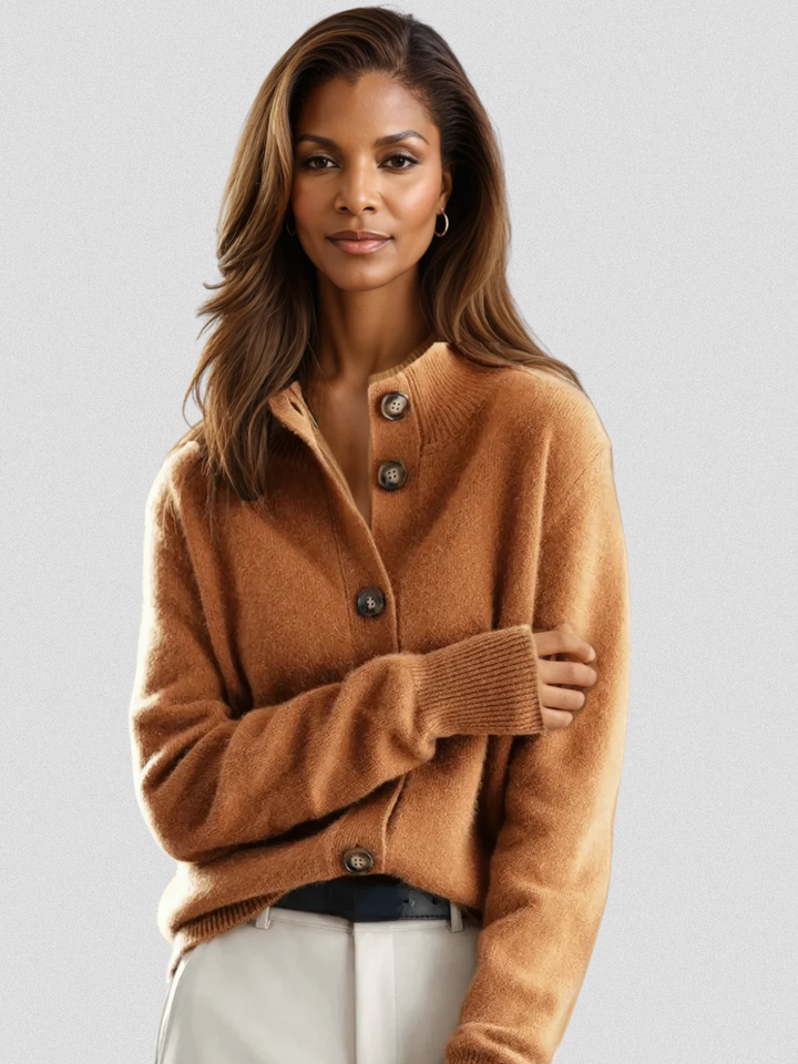 Women's button cardigan with ribbed collar, long sleeves and front buttons