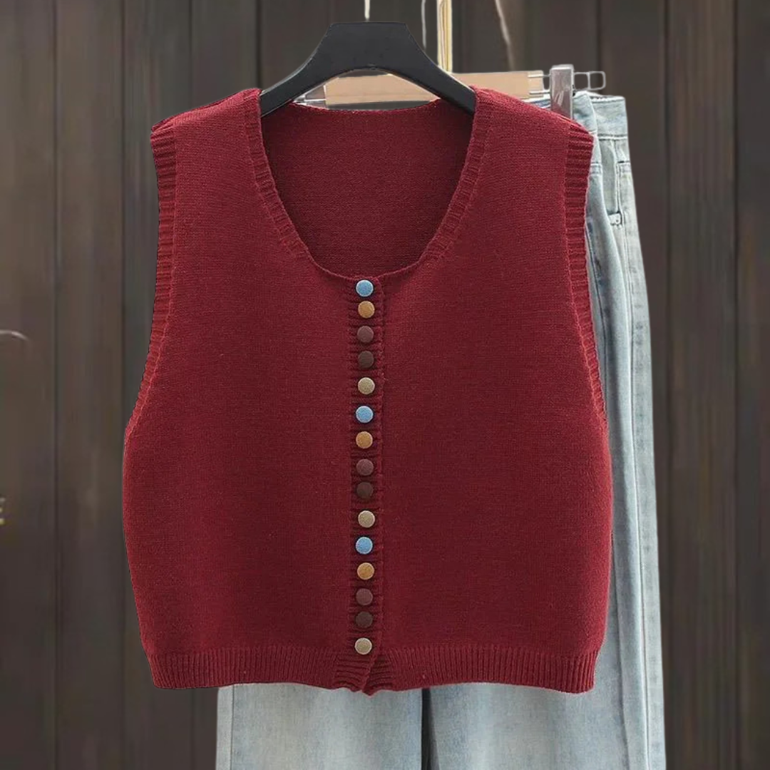 Sleeveless knit vest with round neckline and multicoloured button front