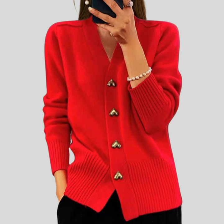 Women's V-neck cardigan with heart-shaped buttons and ribbed trims
