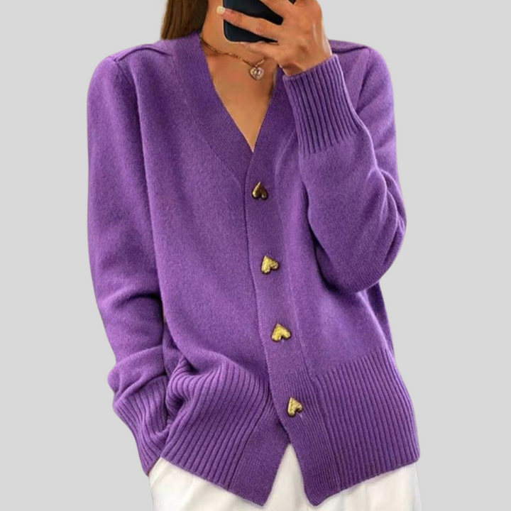 Women's V-neck cardigan with heart-shaped buttons and ribbed trims