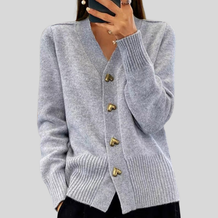 Women's V-neck cardigan with heart-shaped buttons and ribbed trims