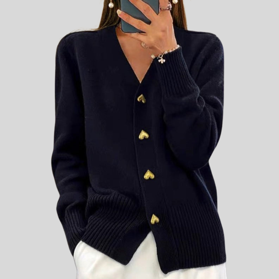 Women's V-neck cardigan with heart-shaped buttons and ribbed trims