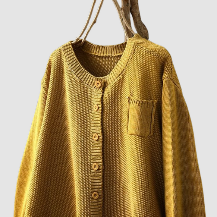 Women's textured knit cardigan with button front and patch pockets