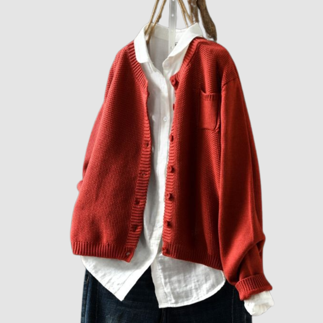 Women's textured knit cardigan with button front and patch pockets