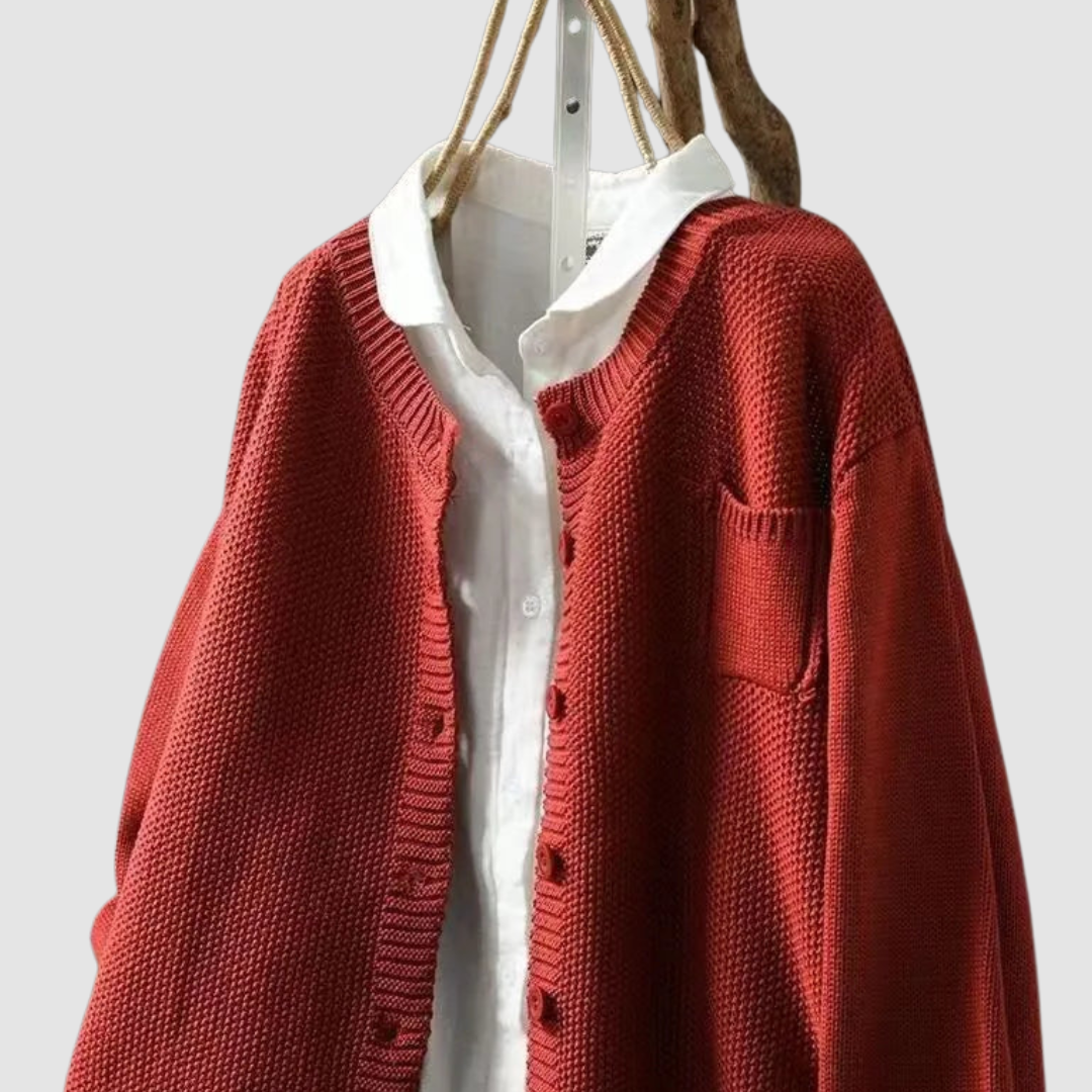 Women's textured knit cardigan with button front and patch pockets