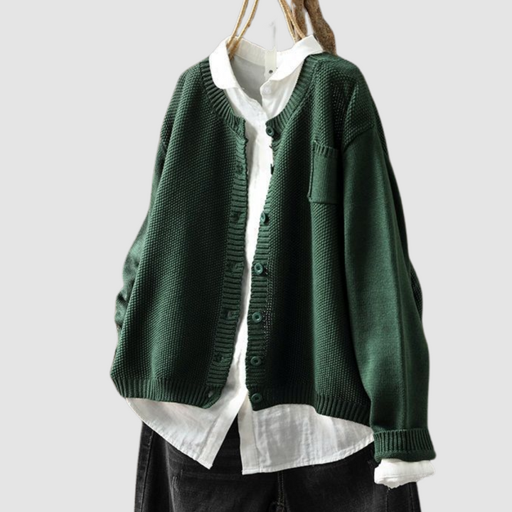 Women's textured knit cardigan with button front and patch pockets