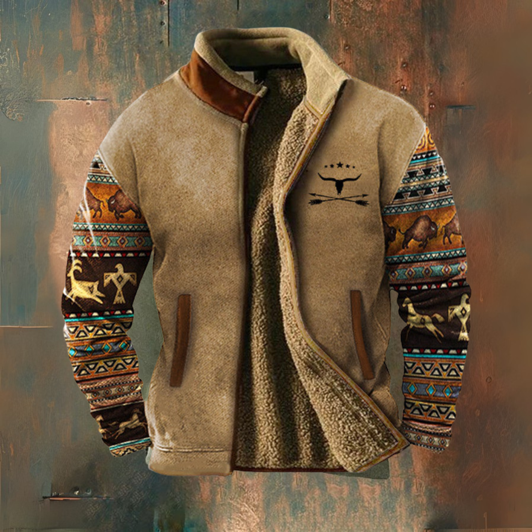 Men's fleece jacket with geometric patterned sleeves, stand collar and zip front