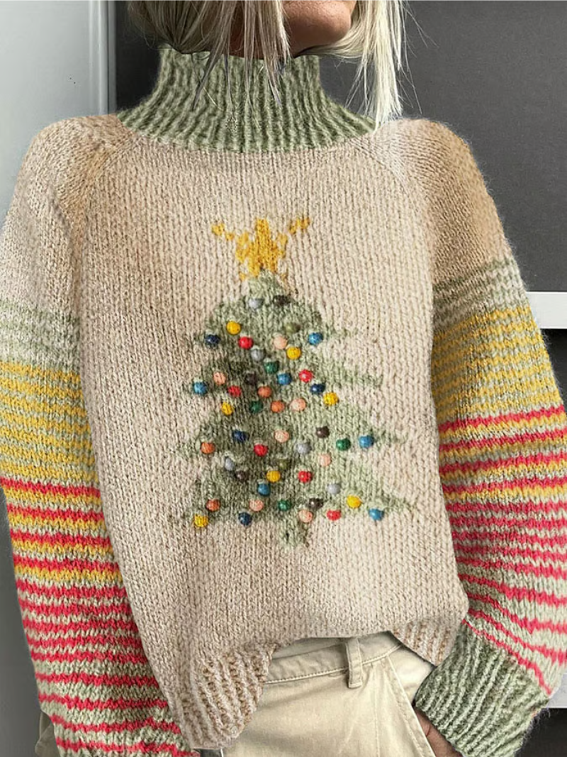 Women's beige turtleneck jumper with Christmas tree motif and striped sleeves