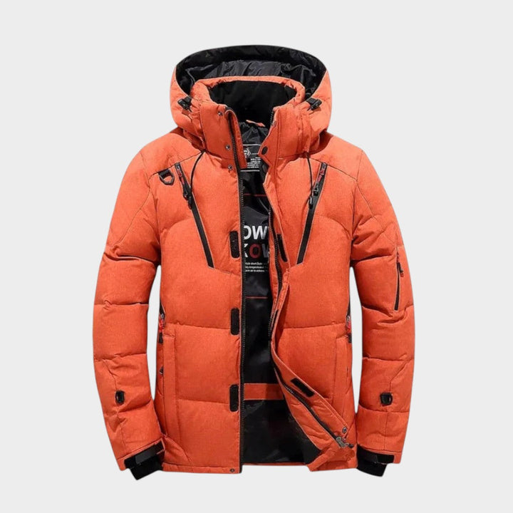 Men's hooded quilted jacket with zip front, long sleeves and multiple pockets
