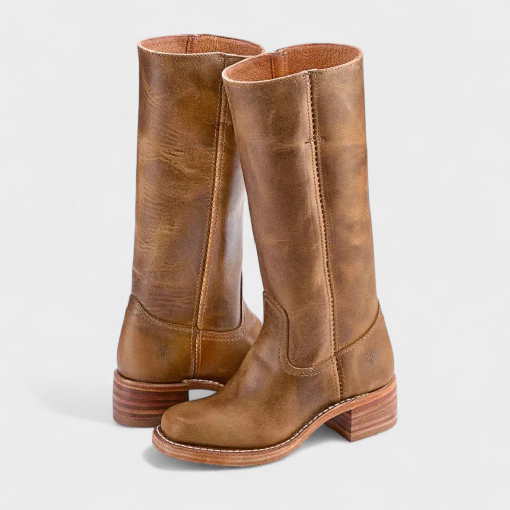Women's cushioned slip-on cowboy boots with block heel in brown leather